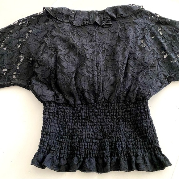 Sunny Leigh Black Lace Blouse Size Medium Smocked Waist Long Sleeve Top - Picture 6 of 14